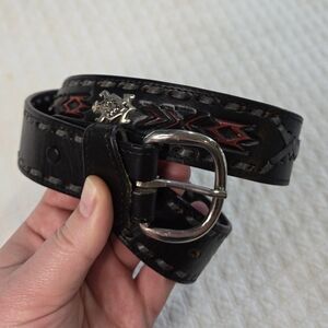 VTG Torel Black Leather Belt 32 Red Southwestern Detail & Lizard Embelishments